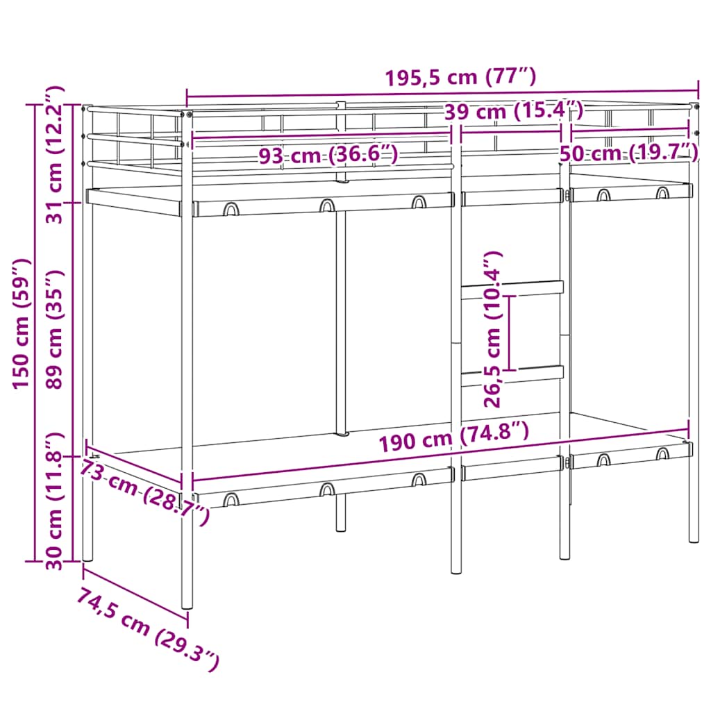 Køyeseng Uten Madrass Svart 75X190 Cm Stål