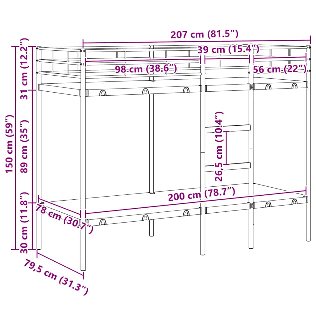 Køyeseng Uten Madrass Hvit 80X200 Cm Stål