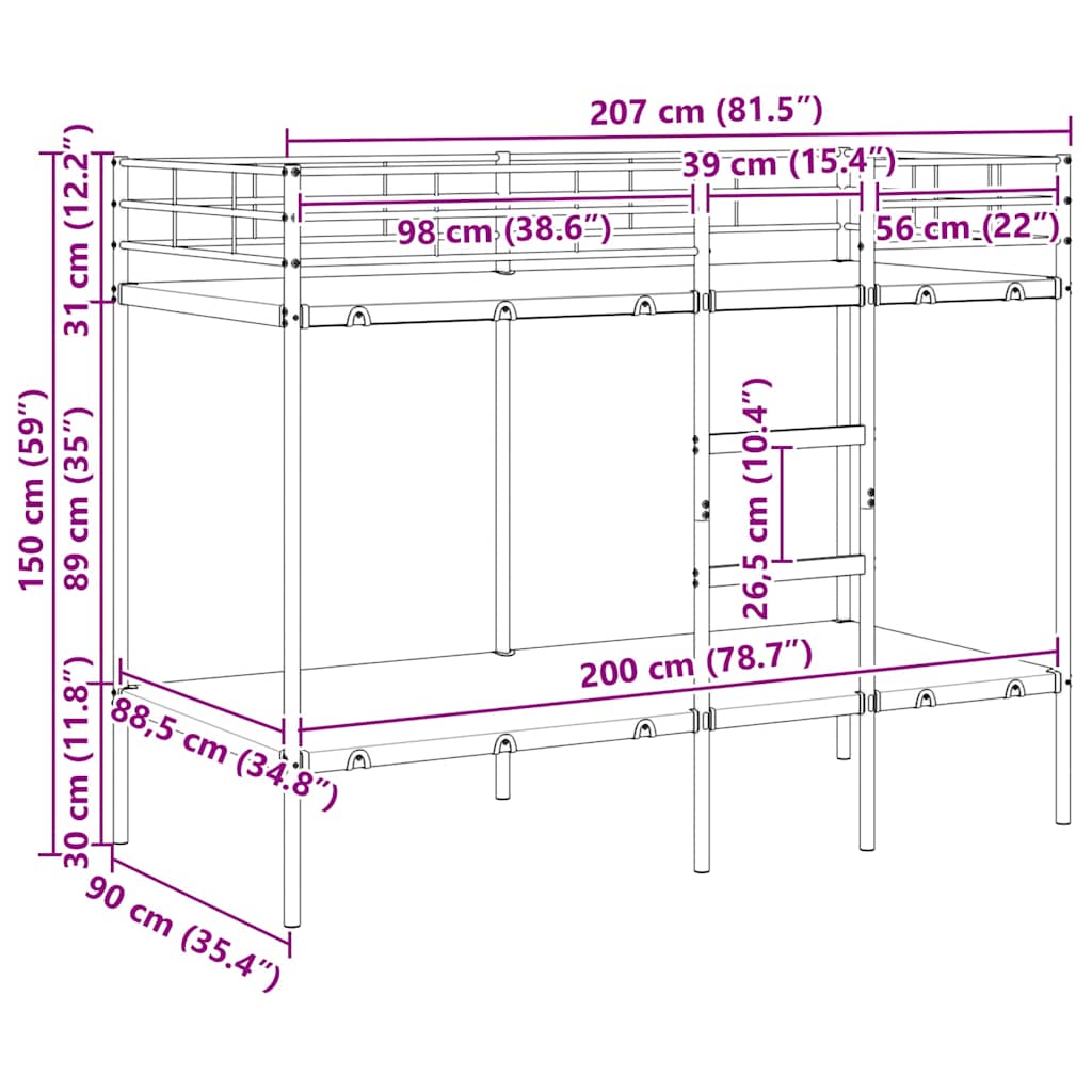 Køyeseng Uten Madrass Hvit 90X200 Cm Stål
