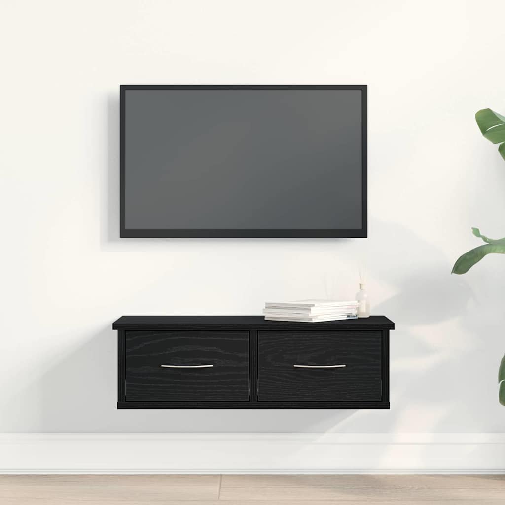Veggskap Med Skuff Svart Eik 60 X 26 X 18,5 Cm Konstruert Tre
