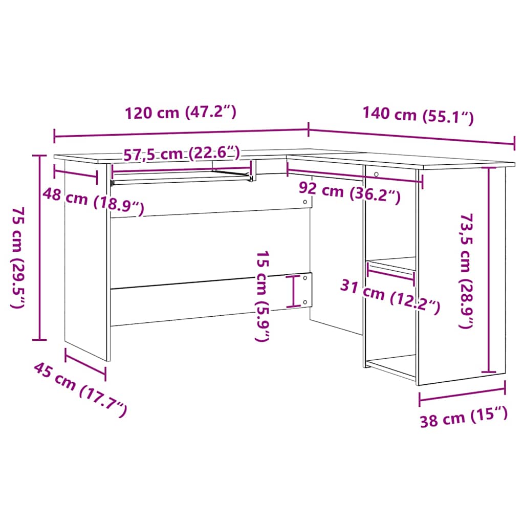 Hjørneskrivebord Svart Eik 120 X 140 X 75 Cm Konstruert Tre