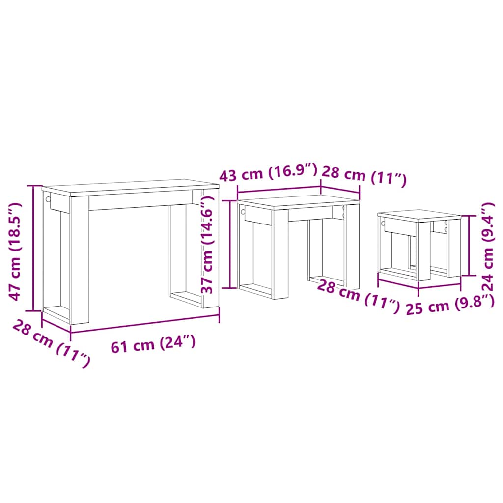 Nesting Bord 3 Pcs Svart Eik 61 X 28 X 47 Cm Konstruert Tre