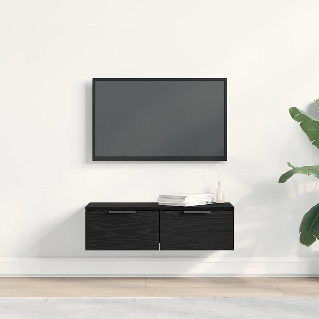Veggskap Med Skuff Svart Eik 68 X 30 X 20 Cm Konstruert Tre
