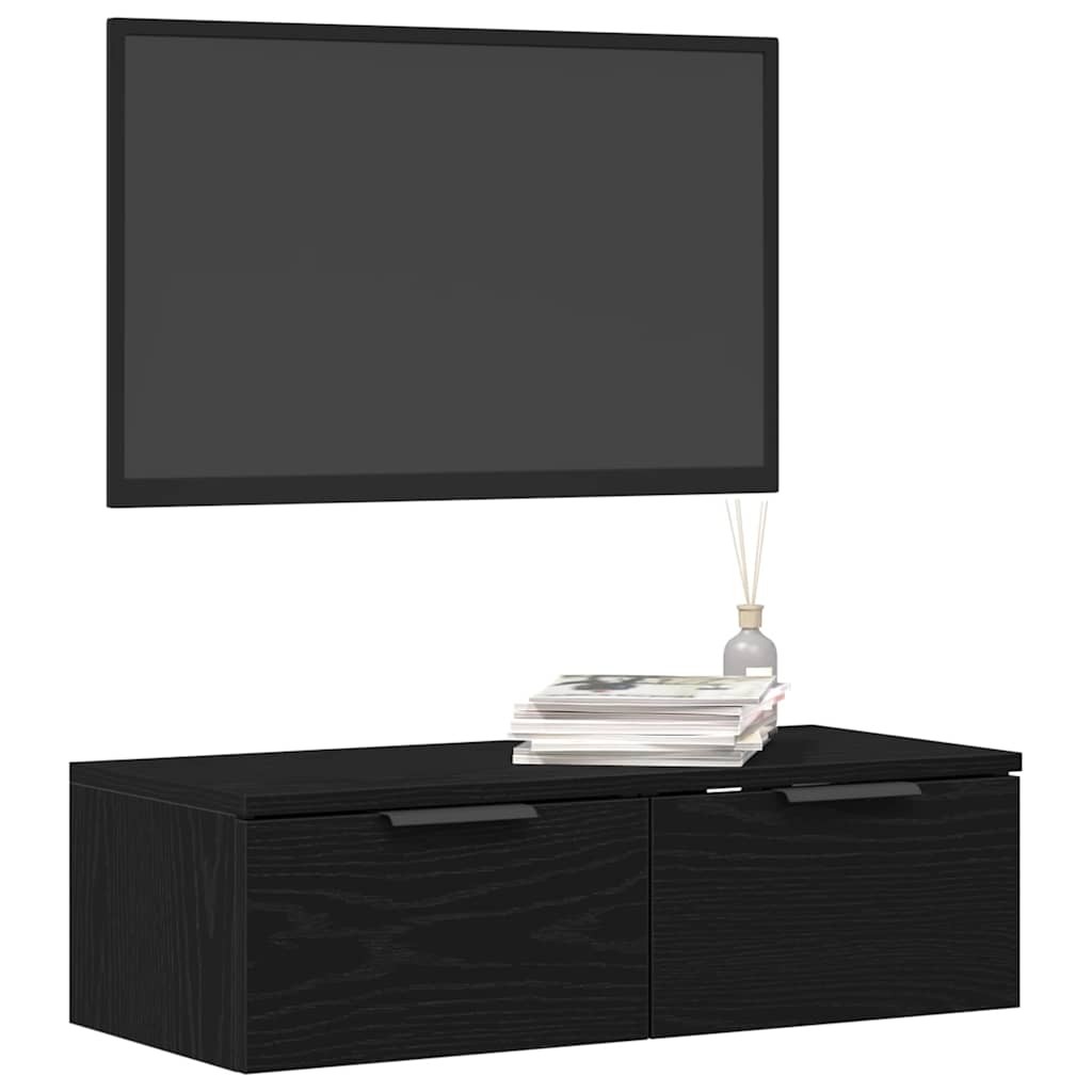 Veggskap Med Skuff Svart Eik 68 X 30 X 20 Cm Konstruert Tre