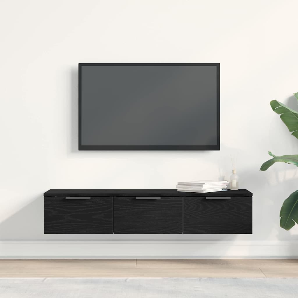 Veggskap Med Skuff Svart Eik 102 X 30 X 20 Cm Konstruert Tre