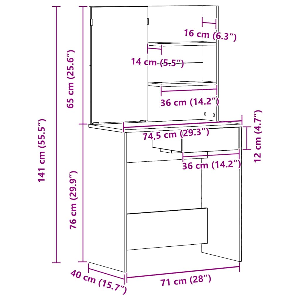 Sminkebord Svart Eik 74,5 X 40 X 141 Cm Konstruert Tre