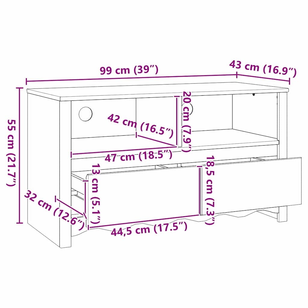 Tv-Skap Med Skuff Drammen Hvit 99 X 43 X 55 Cm Massivt Furutre