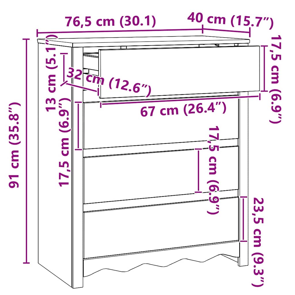 Kommode Med Skuff Drammen Eik 76,5 X 40 X 91 Cm Massivt Furutre