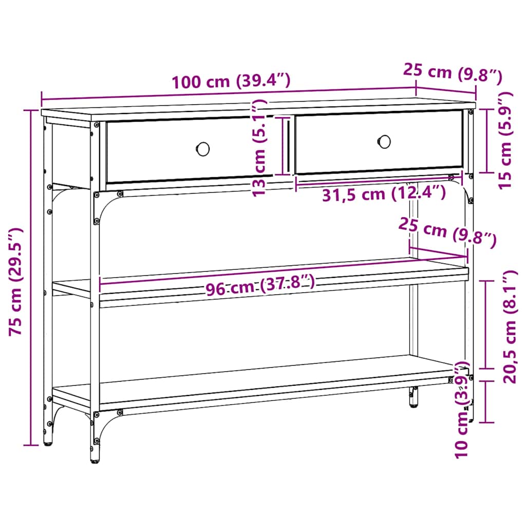Konsollbord Svart Eik 100 X 25 X 75 Cm Ingeniørtre Og Metall