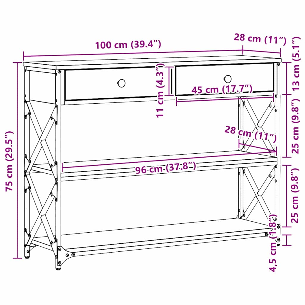 Konsollbord Svart Eik 100 X 28 X 75 Cm Ingeniørtre Og Metall