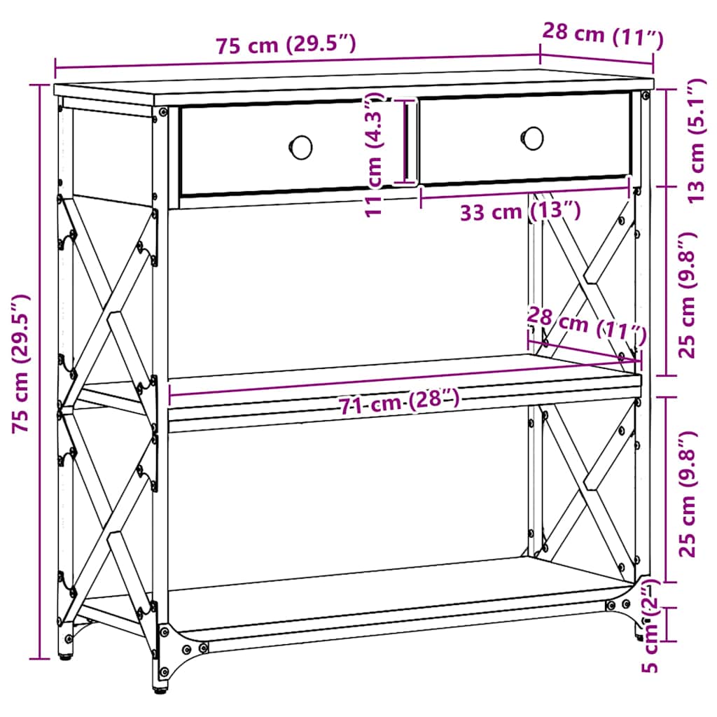 Konsollbord Svart Eik 75 X 28 X 75 Cm Ingeniørtre Og Metall