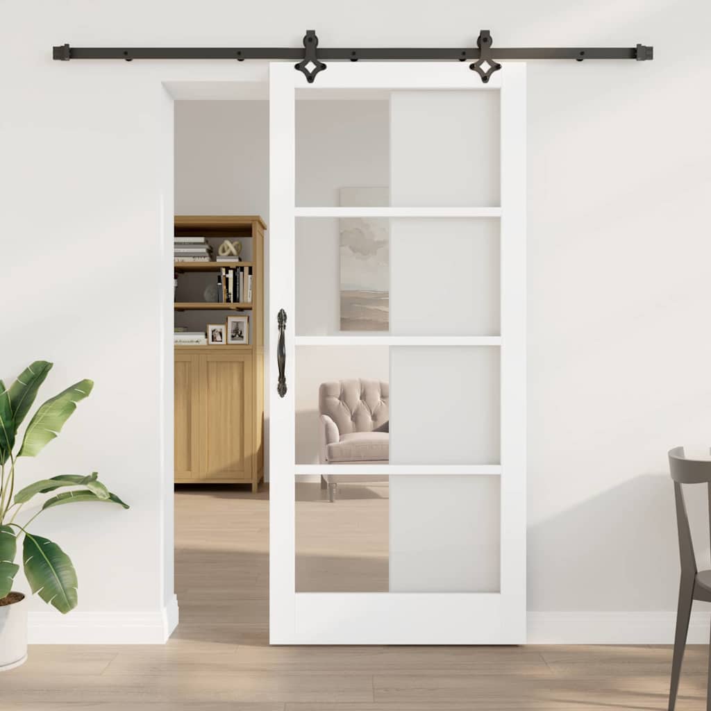 Skyvedør Hvit 93 X 211 Cm Massivt Furutre Og Glass