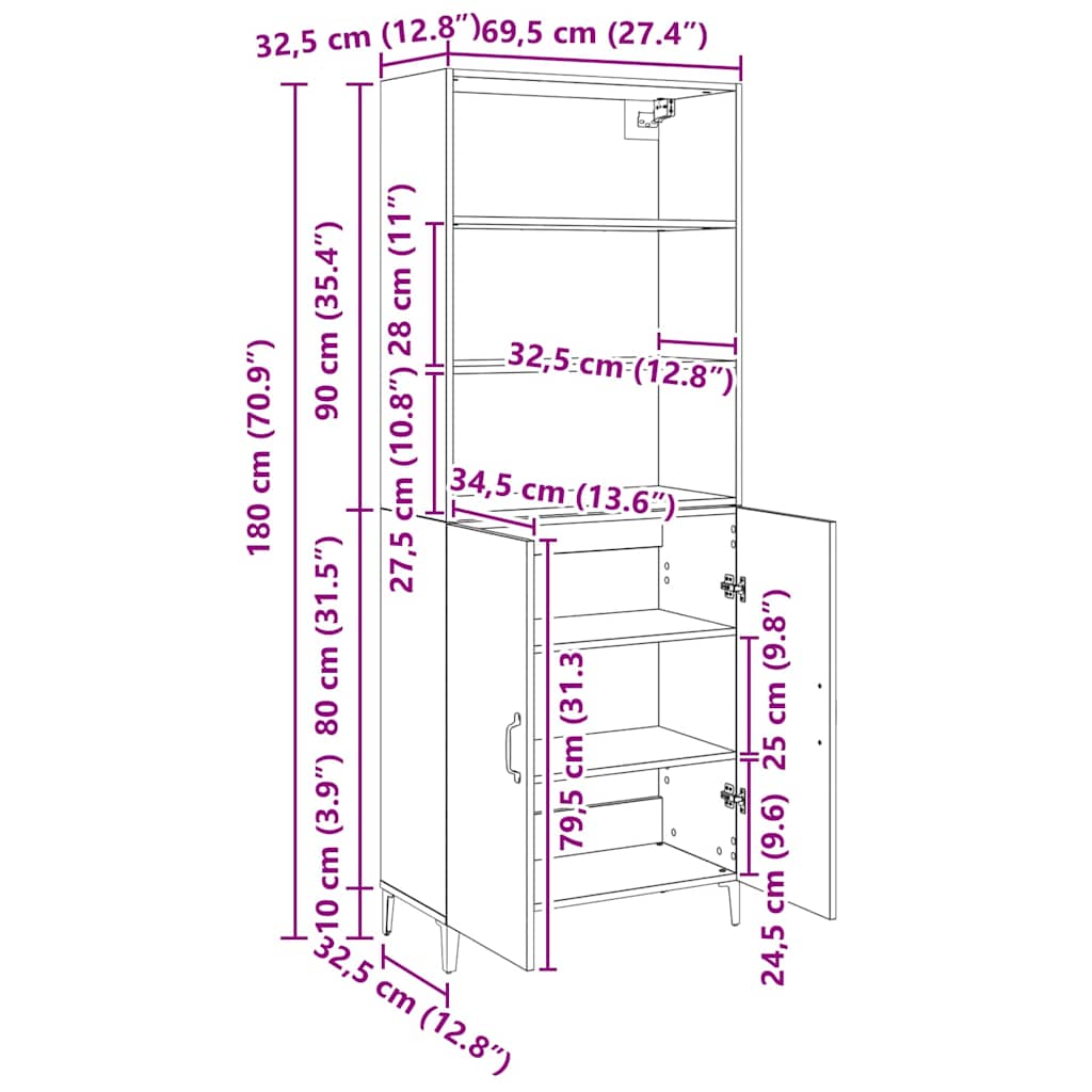 Høyskap Svart Eik 69,5 X 32,5 X 180 Cm Konstruert Tre