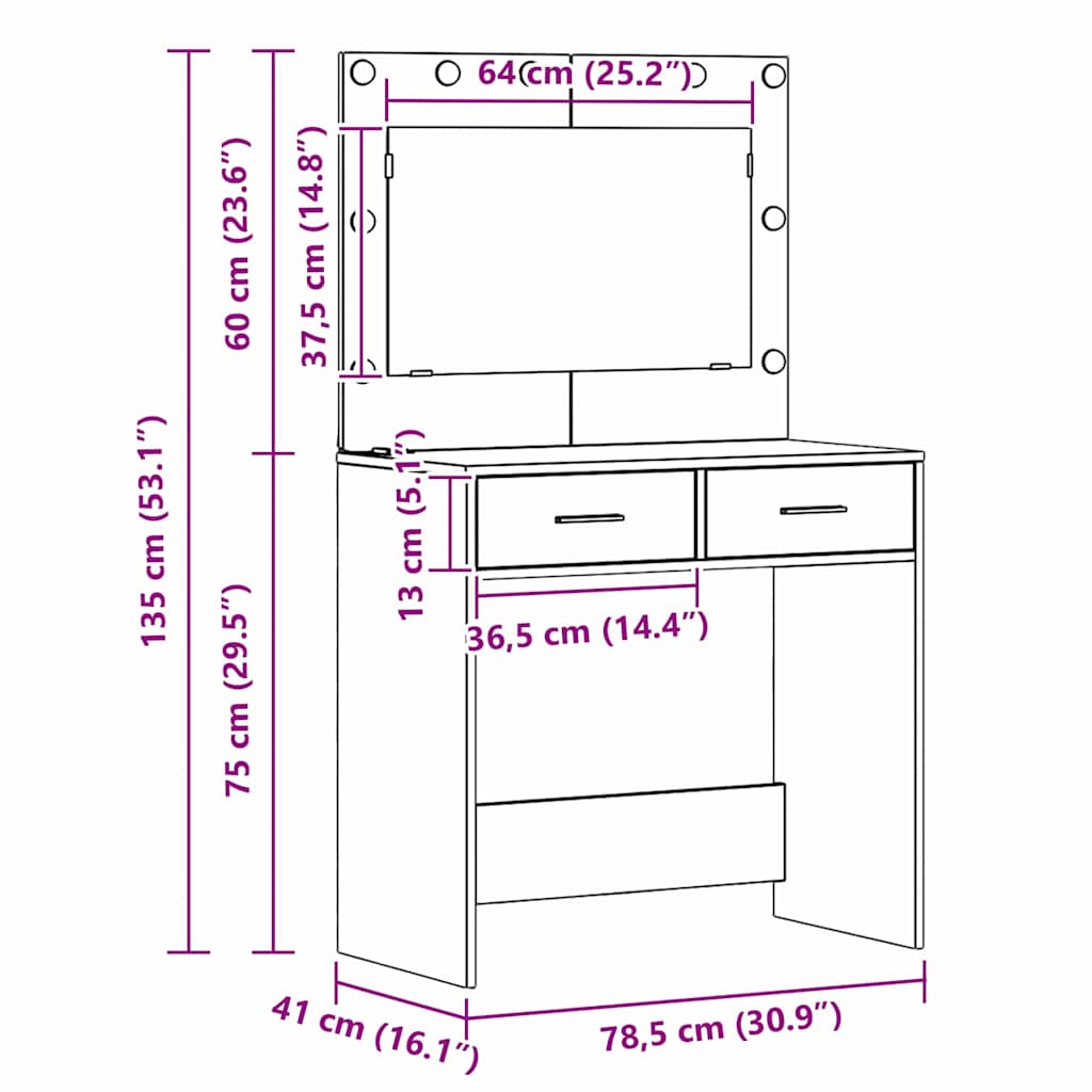 Sminkebord Med Speillys Hvit 78,5 X 41 X 135 Cm Konstruert Tre