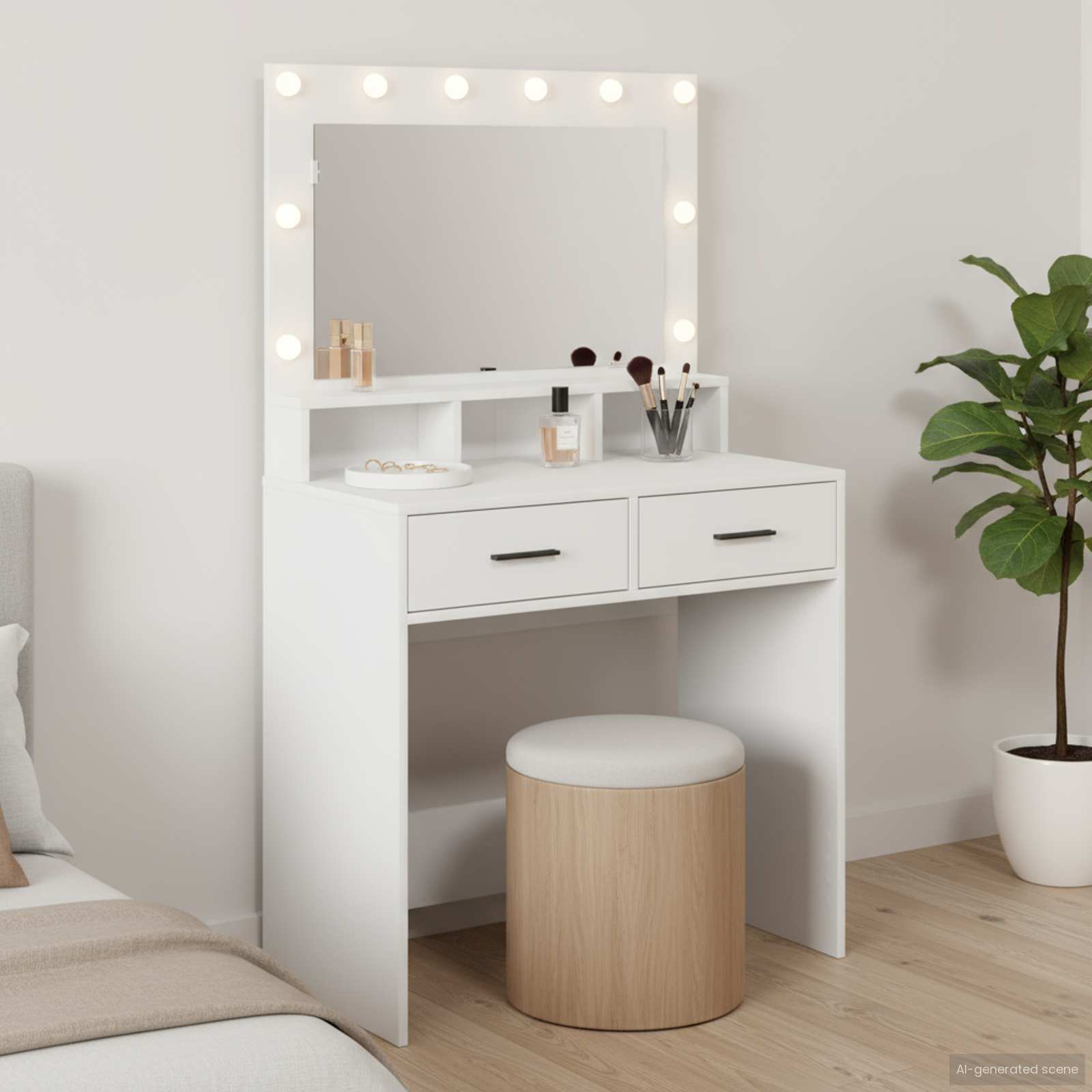 Sminkebord Med Speillys Hvit 79 X 41 X 135 Cm Konstruert Tre