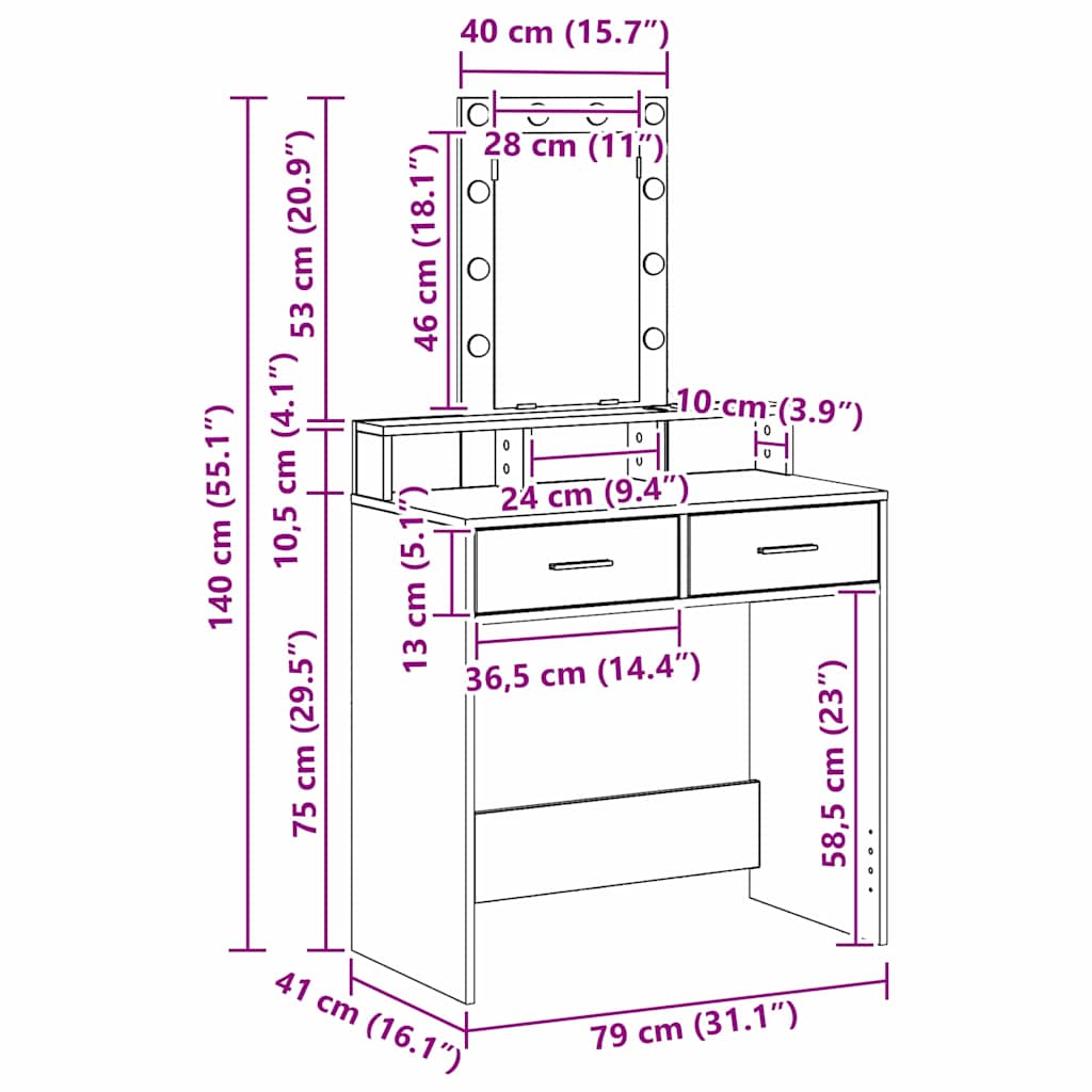 Sminkebord Med Speillys Hvit 79 X 41 X 140 Cm Konstruert Tre
