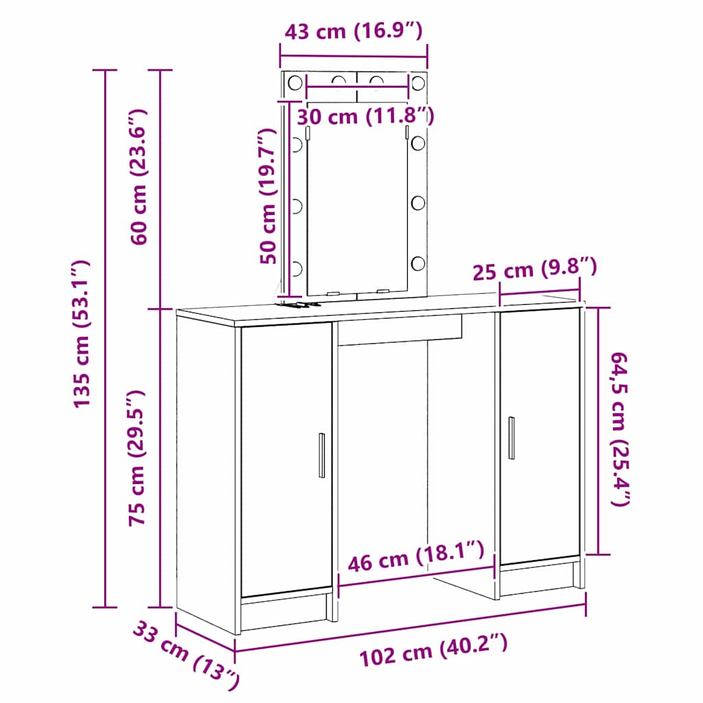 Sminkebord Med Speillys Grå 102 X 33 X 135 Cm Konstruert Tre