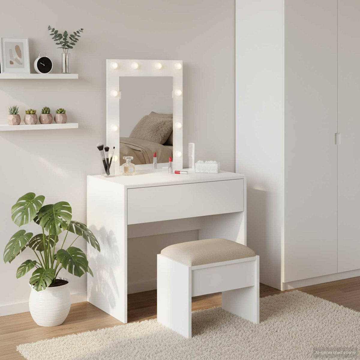 Sminkebord Med Speillys Hvit 60 X 40 X 70 Cm Konstruert Tre