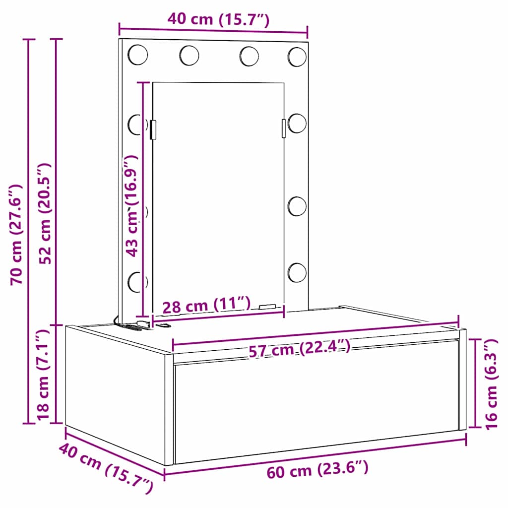 Sminkebord Med Speillys Grå 60 X 40 X 70 Cm Konstruert Tre