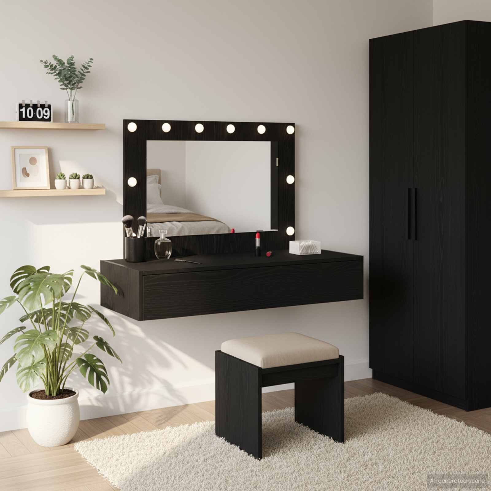 Sminkebord Med Speillys Svart 100 X 40 X 70 Cm Konstruert Tre