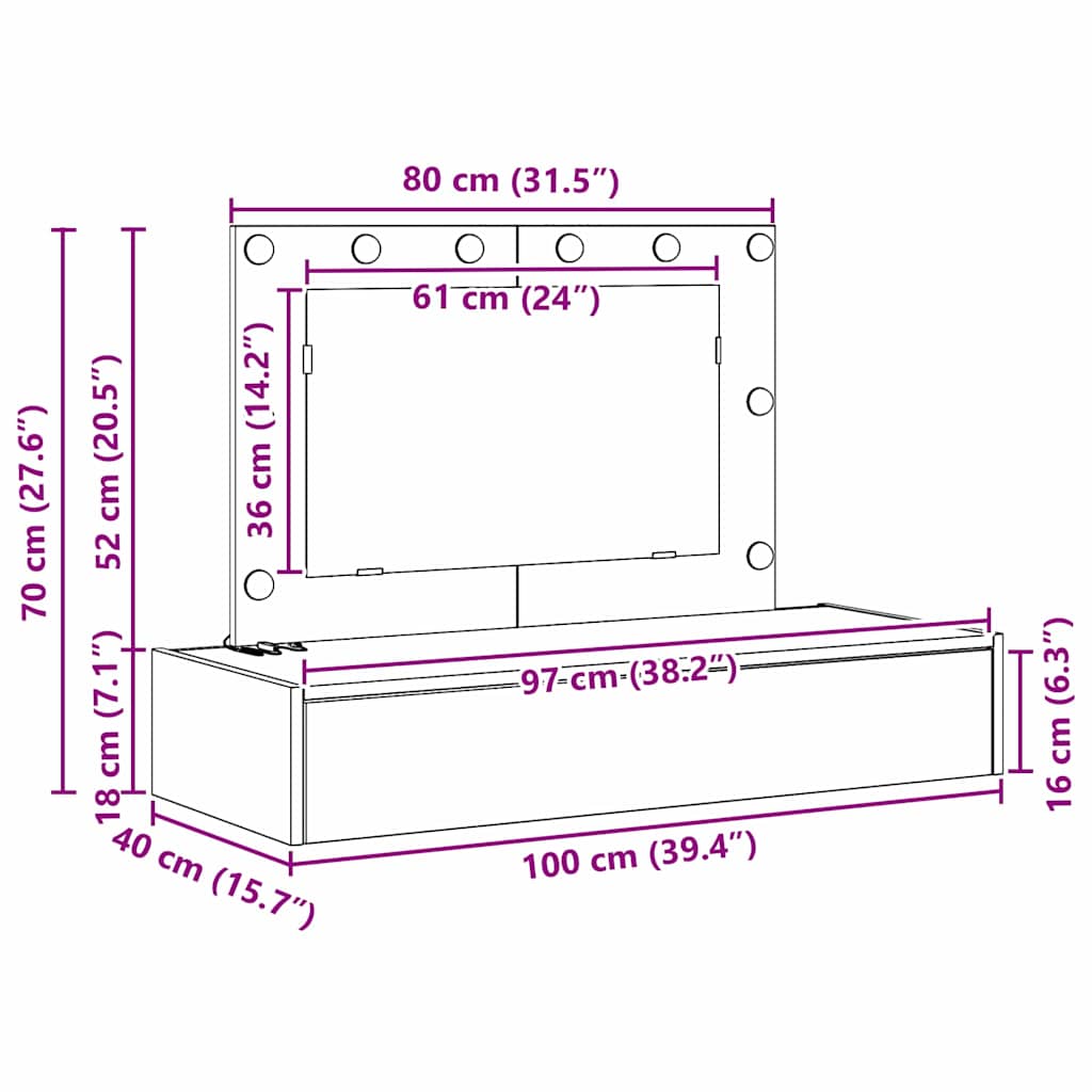 Sminkebord Med Speillys Brun 100 X 40 X 70 Cm Konstruert Tre