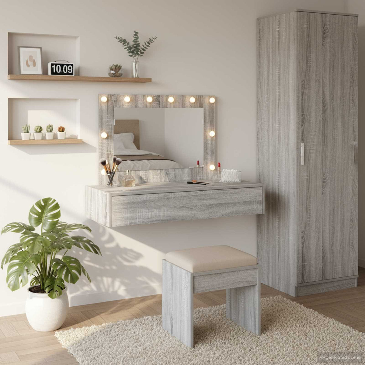 Sminkebord Med Speillys Grå 100 X 40 X 70 Cm Konstruert Tre