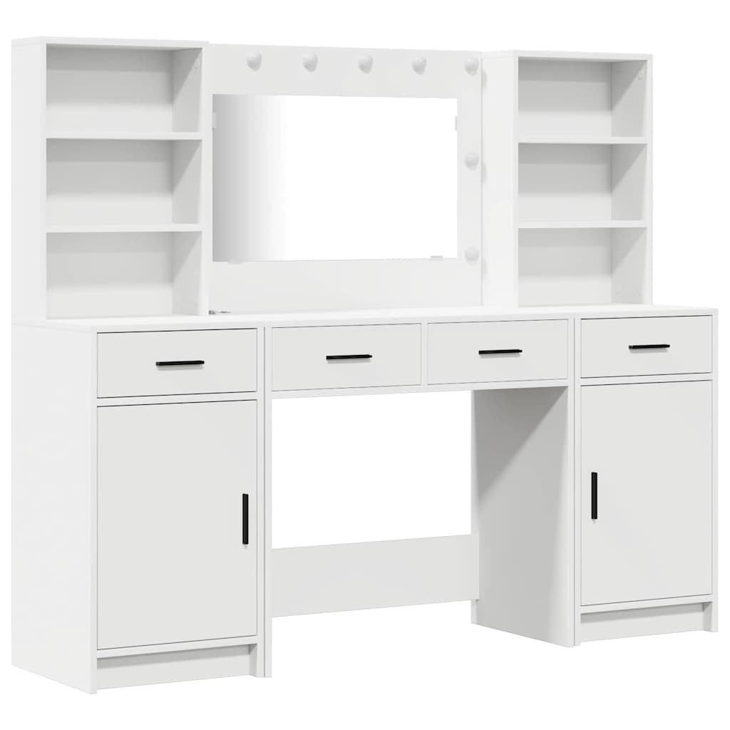 Dressingbordsett Med Led Med Speillys 3 Pcs Hvit Konstruert Tre