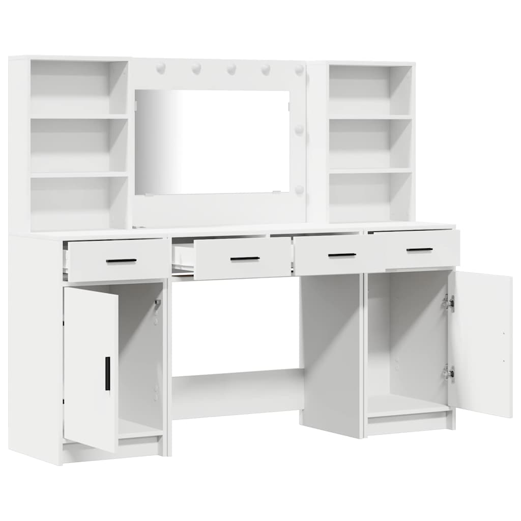 Dressingbordsett Med Led Med Speillys 3 Pcs Hvit Konstruert Tre