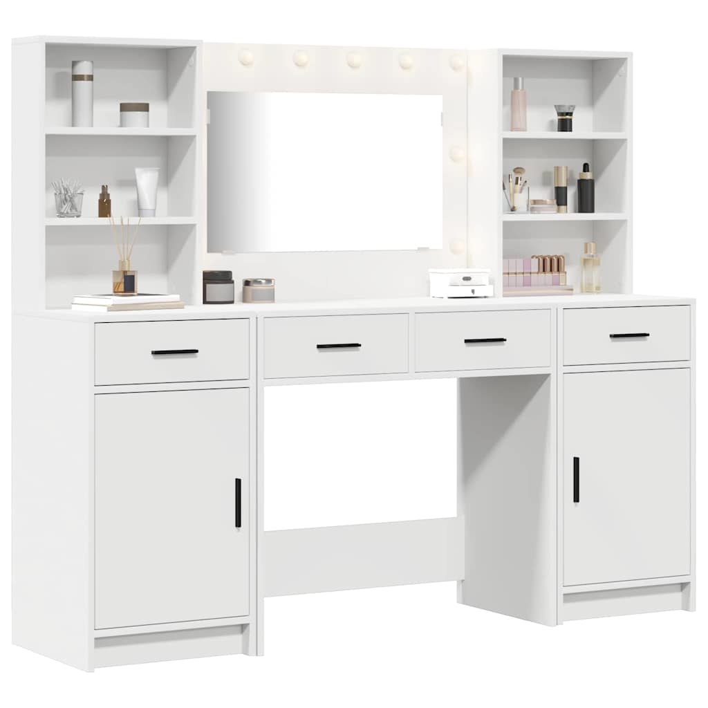 Dressingbordsett Med Led Med Speillys 3 Pcs Hvit Konstruert Tre