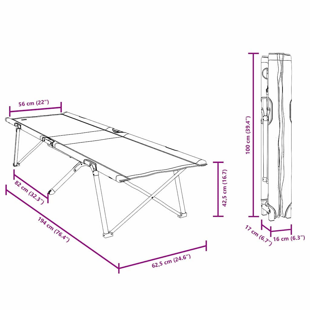 Sammenleggbar Camping Seng 2 Pcs Grå 62 X 194 X 42 Cm