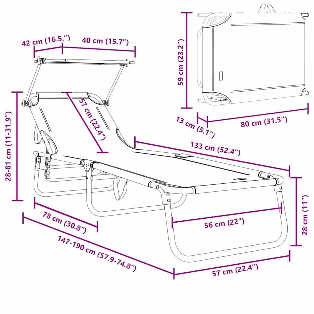 Sammenleggbar Solstol Svart 190 X 57 X 81 Cm Oxford