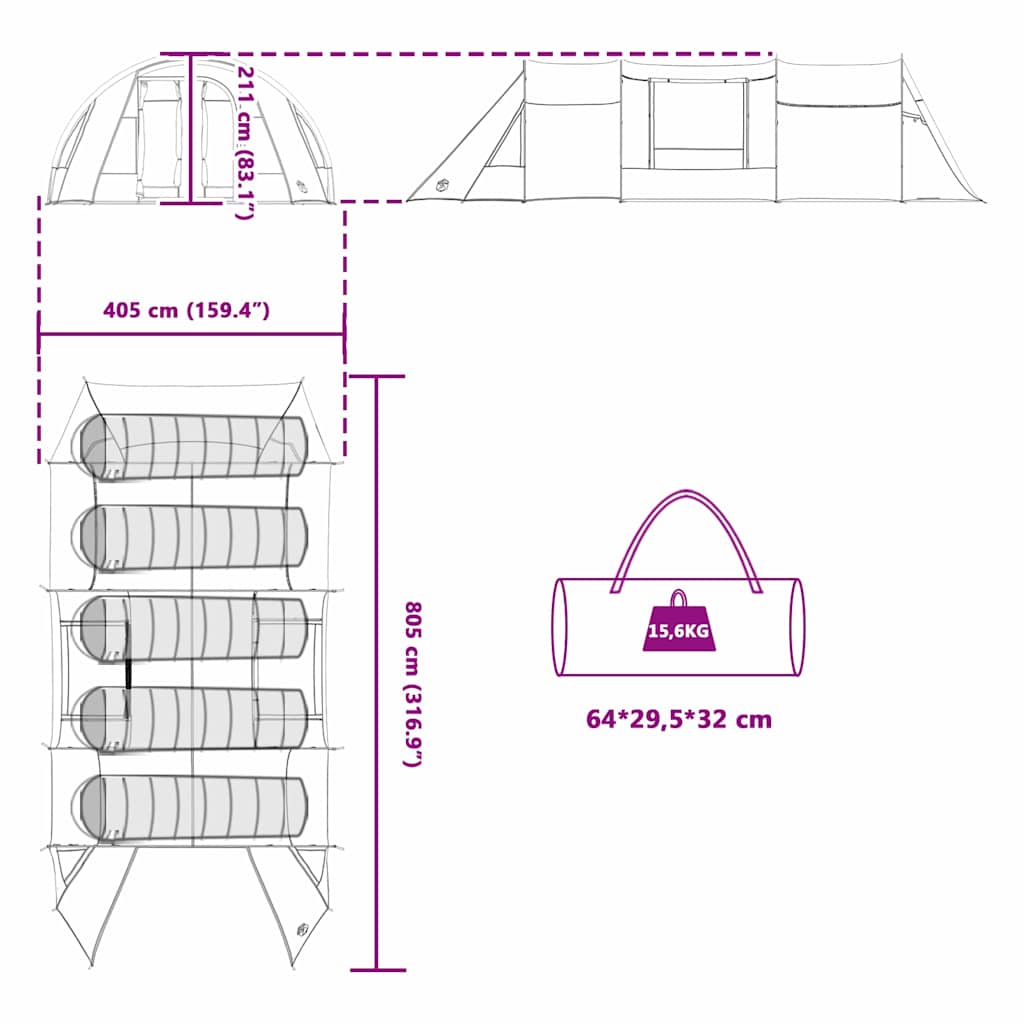Tunnel Telt 5-Person Med Tak Blå Og Grå 805 X 405 X 211 Cm