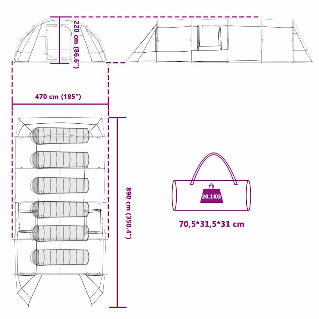 Tunnel Telt For 6 Personer Grønn Og Hvit 890 X 470 X 220 Cm