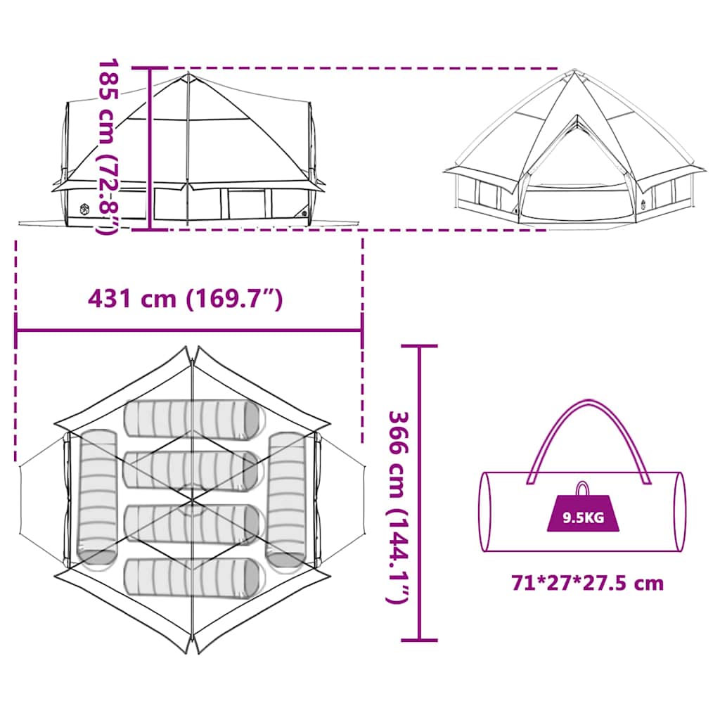 Teepee Tent 6-Person Med Tak Grønn Og Hvit 431 X 366 X 185 Cm