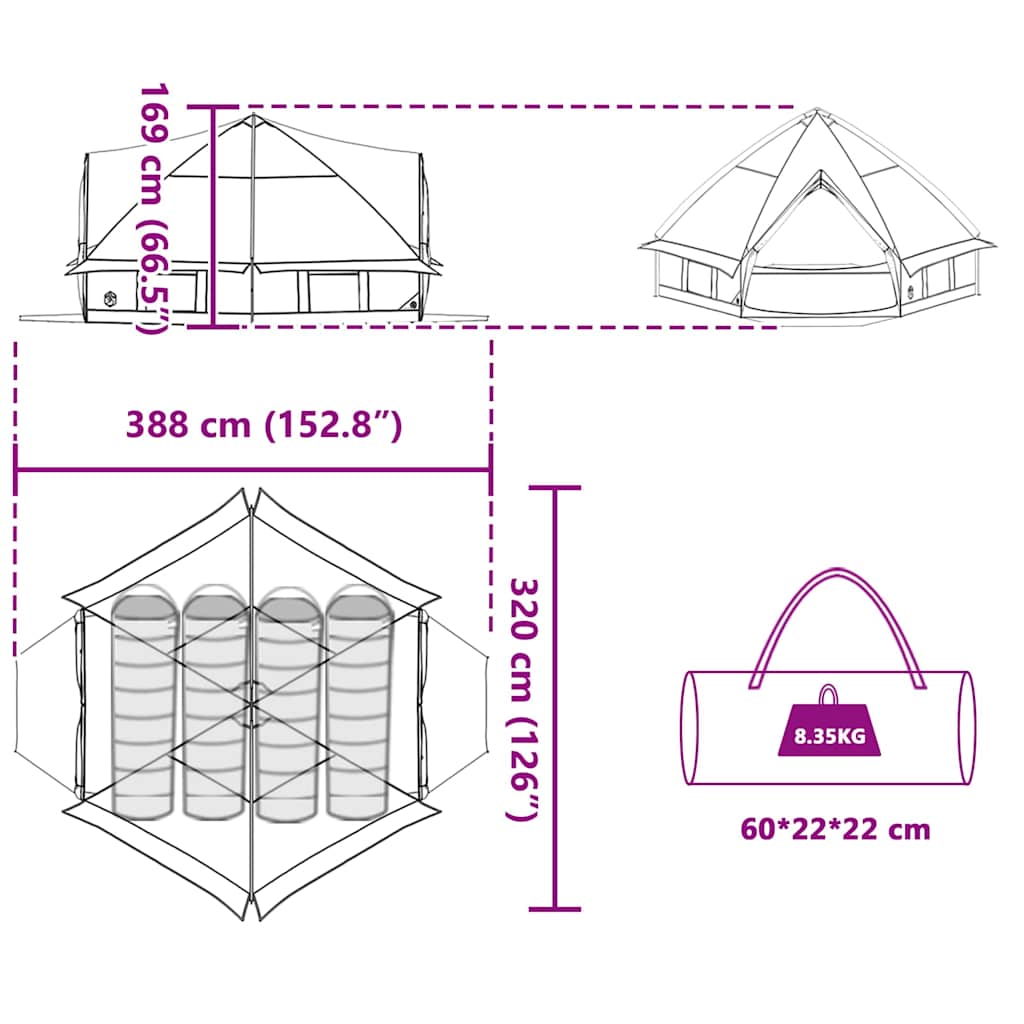 Teepee Tent 4-Person Med Tak Blå Og Grå 388 X 320 X 169 Cm