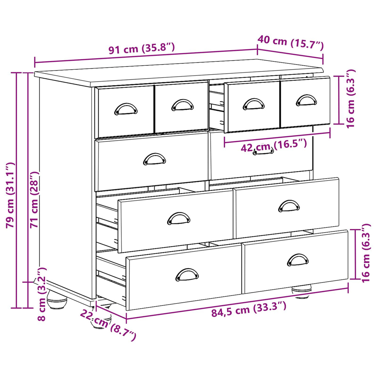 Skap Med Skuffer Askim Hvit 91 X 40 X 79 Cm Massiv Furu