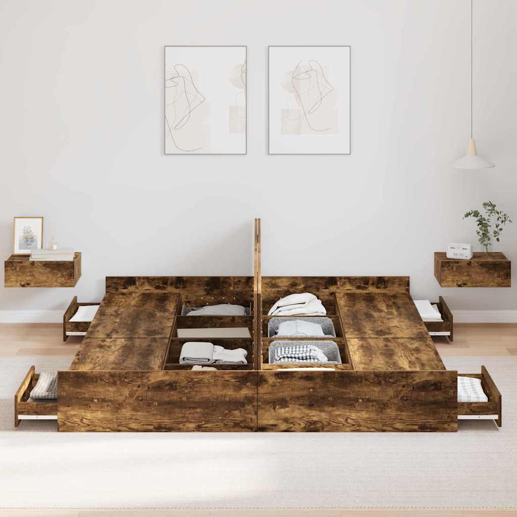 Seng Med Lagring Med Skuff Røkt Eik 200 X 200 Cm Konstruert Tre