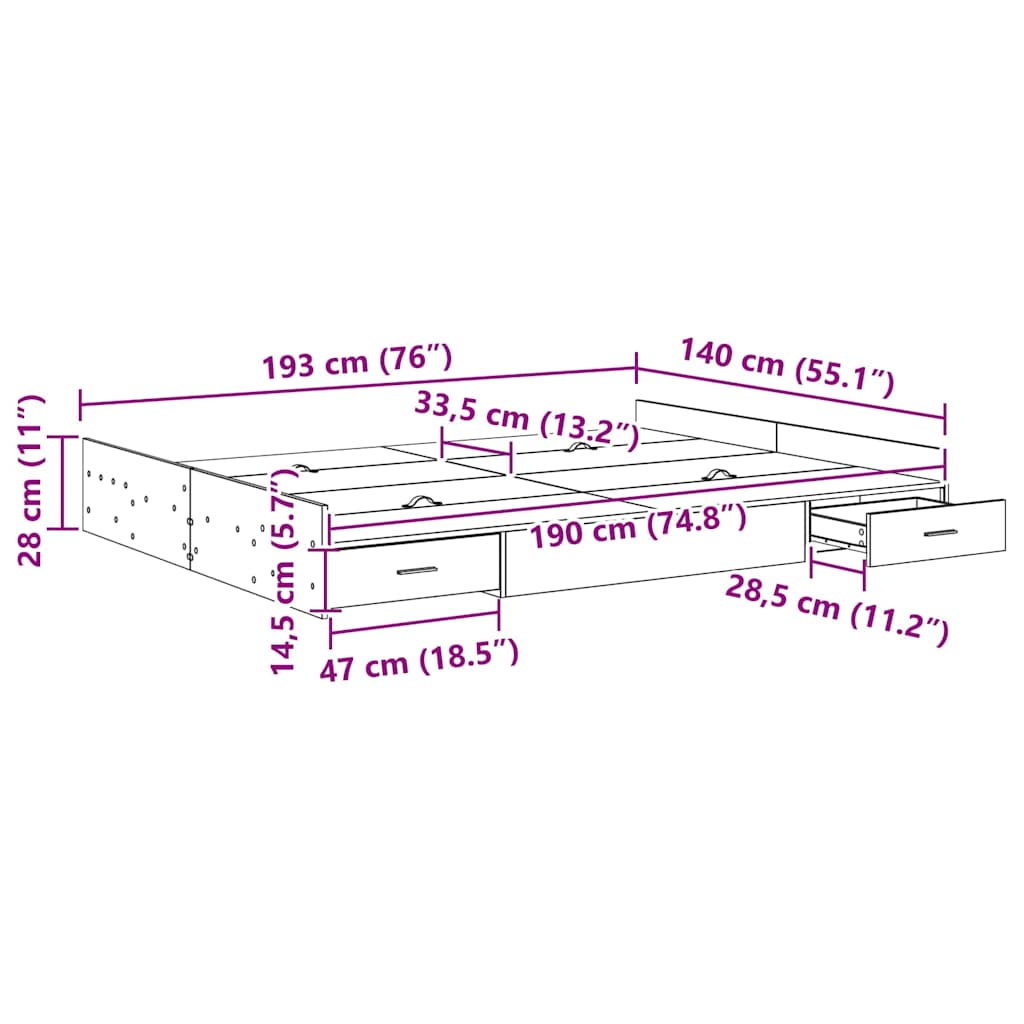 Seng Med Lagring Med Skuff Hvit 140 X 190 Cm Konstruert Tre