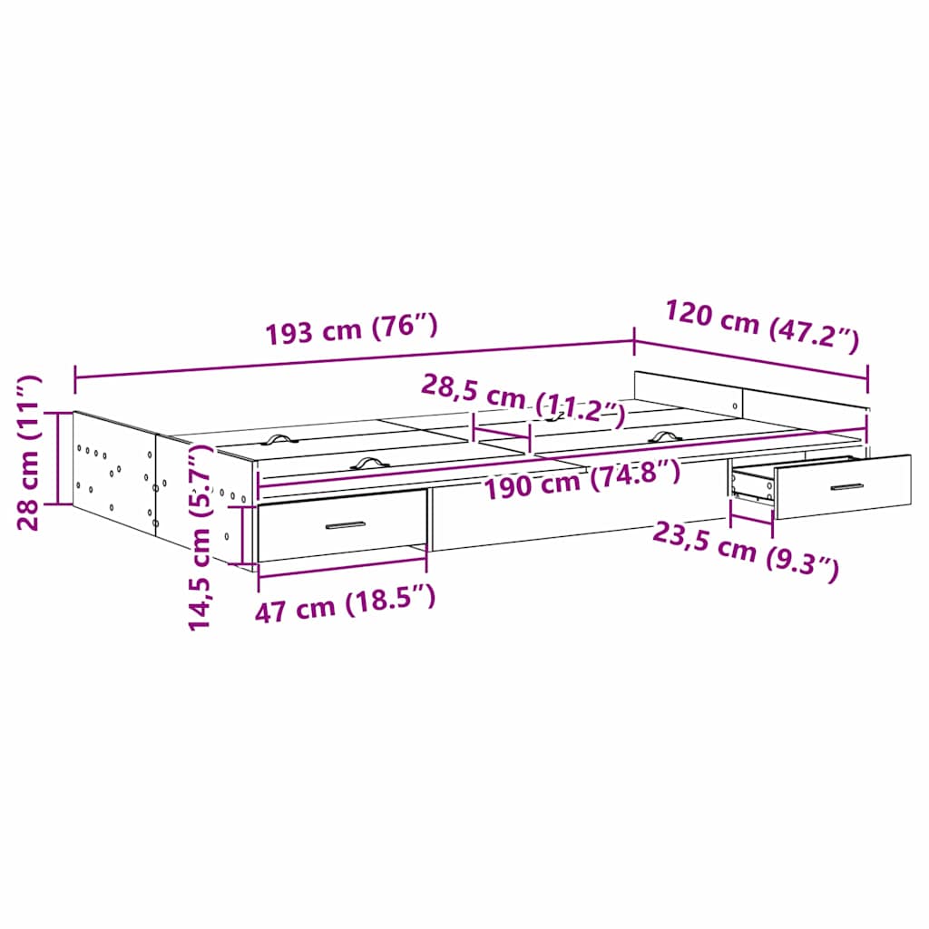 Seng Med Lagring Betonggrå 120 X 190 Cm Konstruert Tre