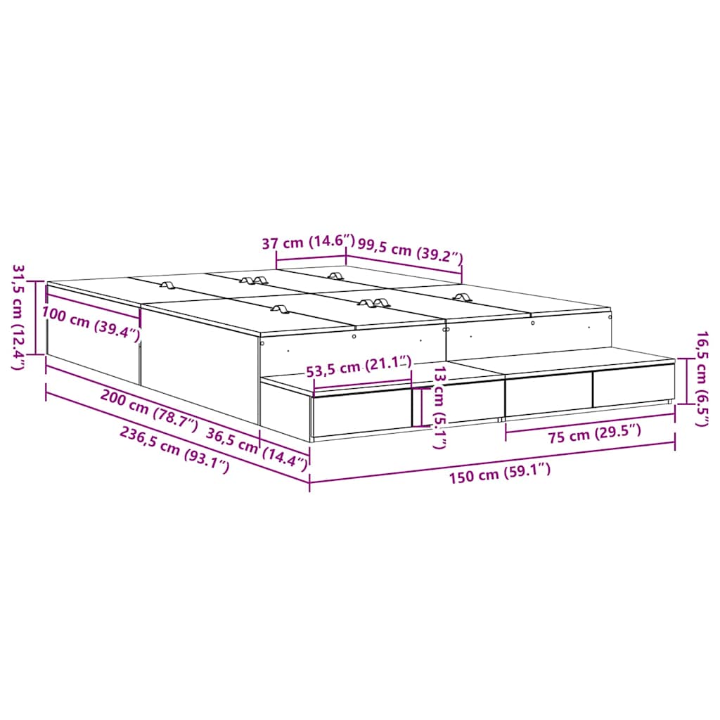 Seng Med Lagring Med Skuff Svart Eik 150 Cm Konstruert Tre