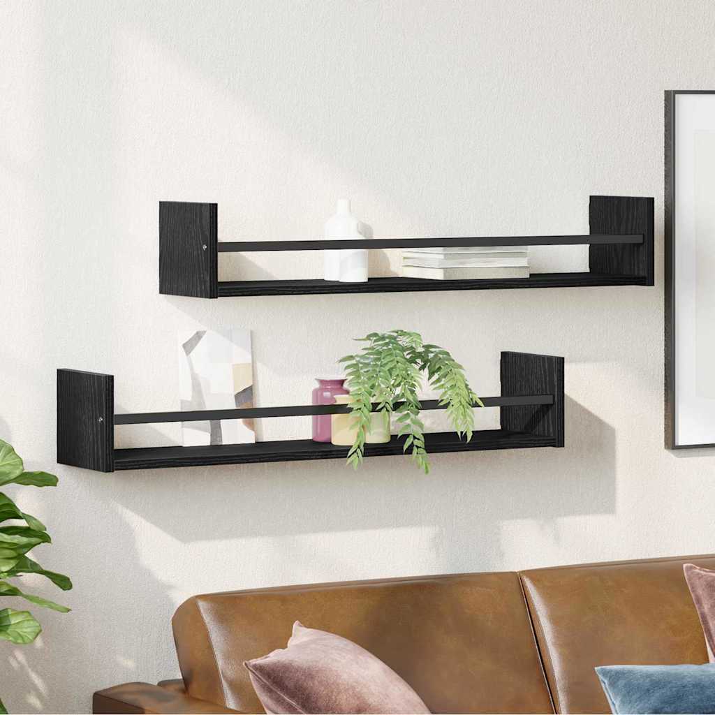 Vegghylle Veggmontert 2 Pcs Svart Eik 80 X 16 X 14 Cm
