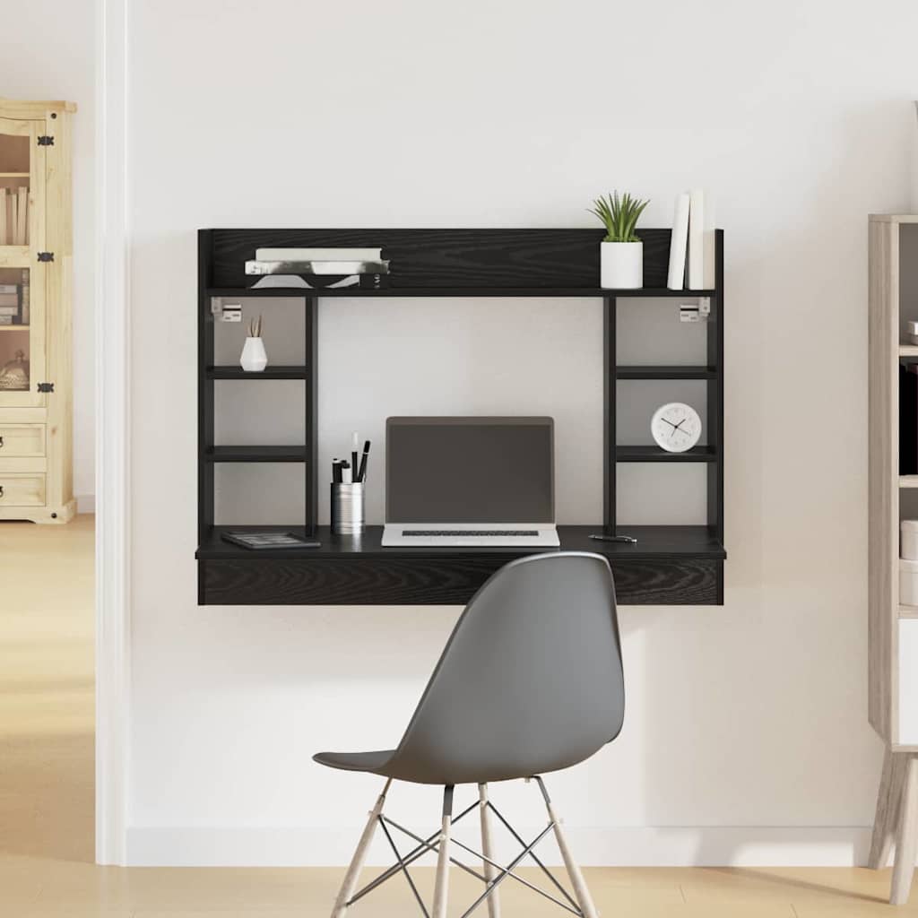 Veggmontert Skrivebord Med Hylle Svart Eik 105 X 48 X 75 Cm