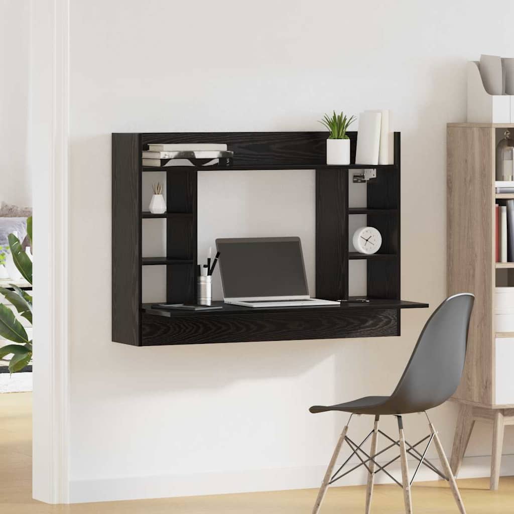 Veggmontert Skrivebord Med Hylle Svart Eik 105 X 48 X 75 Cm