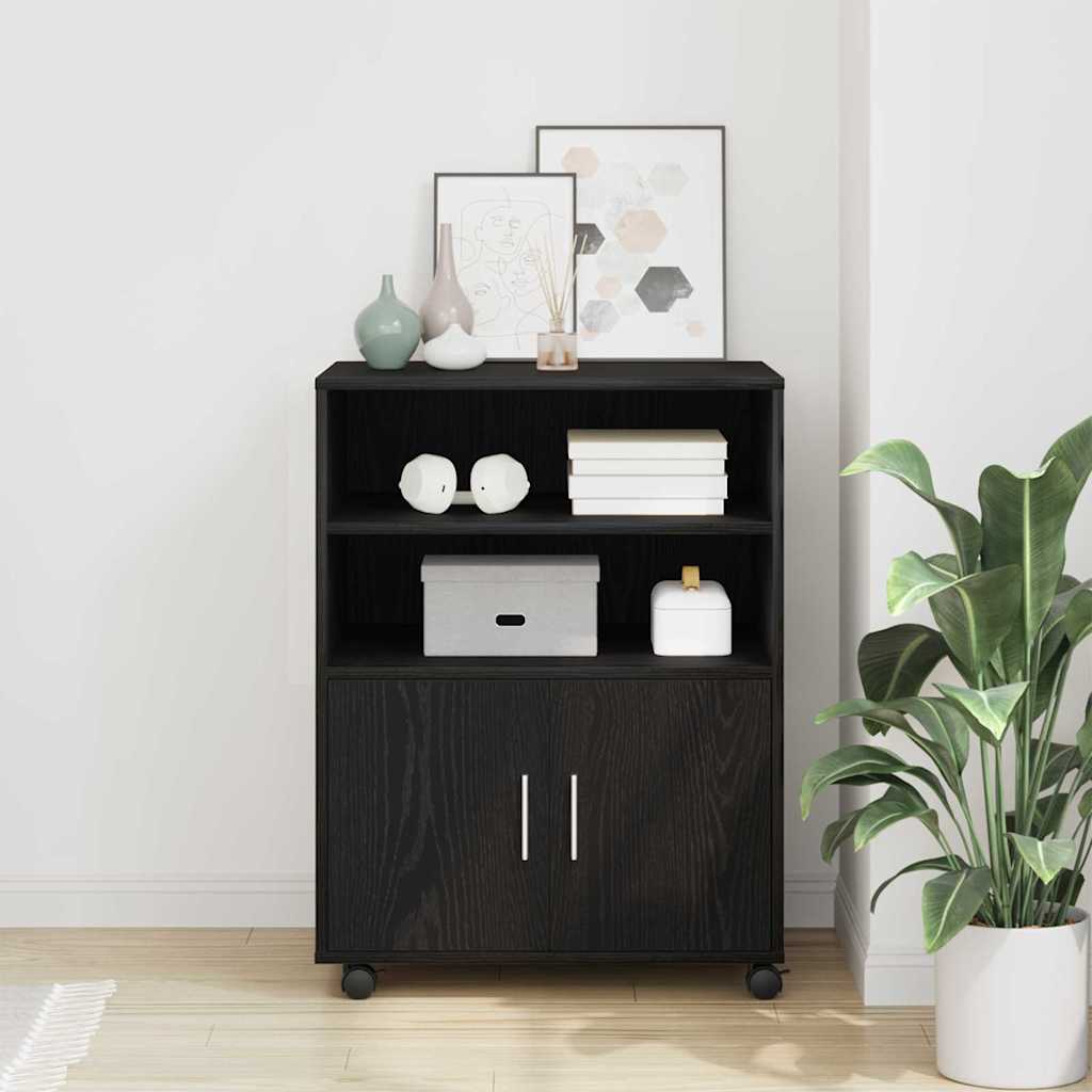 Kabinett Med Hylle Med Hjul Med Dør Svart Eik 60 X 48 X 74.5 Cm