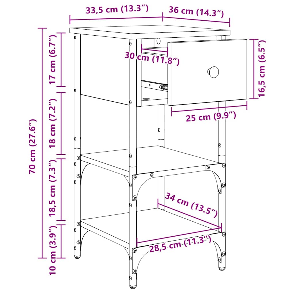 Nattbordskap Med Skuff Brun 33,5 X 36 X 70 Cm Konstruert Tre