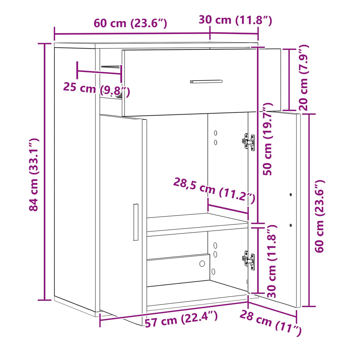 Serviesskap Med Skuff Svart Eik 60 X 30 X 84 Cm Konstruert Tre