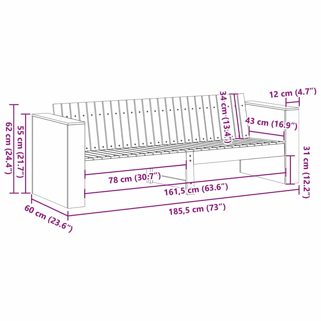 Hagemøbelsofa Hvit 185,5 X 60 X 62 Cm Massiv Furu
