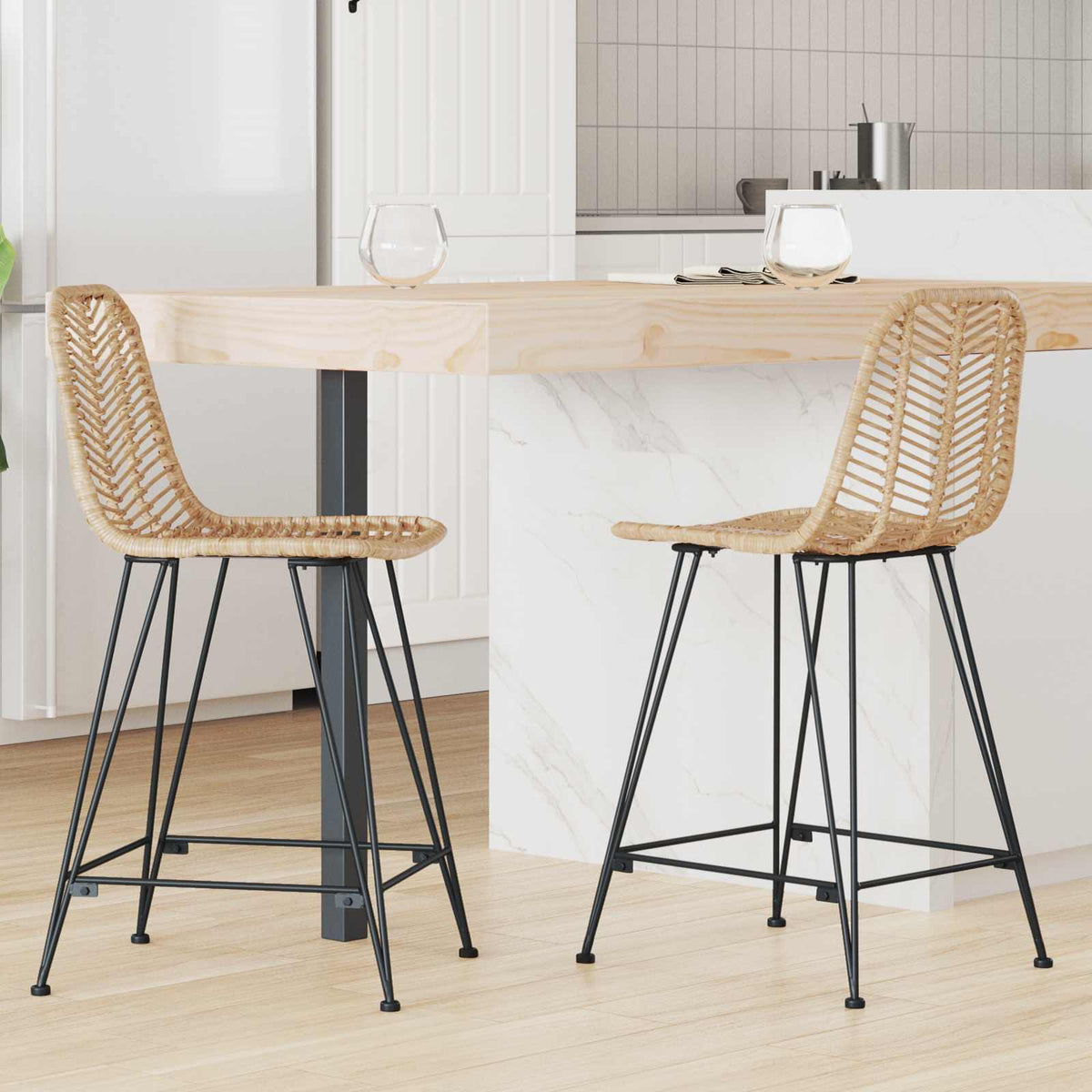 Barstol 2 Pcs Naturlig 44,5 X 54,5 X 97,5 Cm Rattan Og Jern