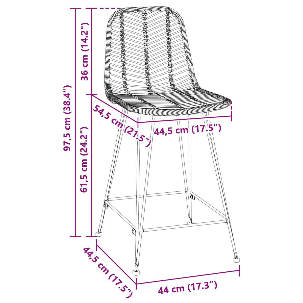 Barstol 2 Pcs Naturlig 44,5 X 54,5 X 97,5 Cm Rattan Og Jern