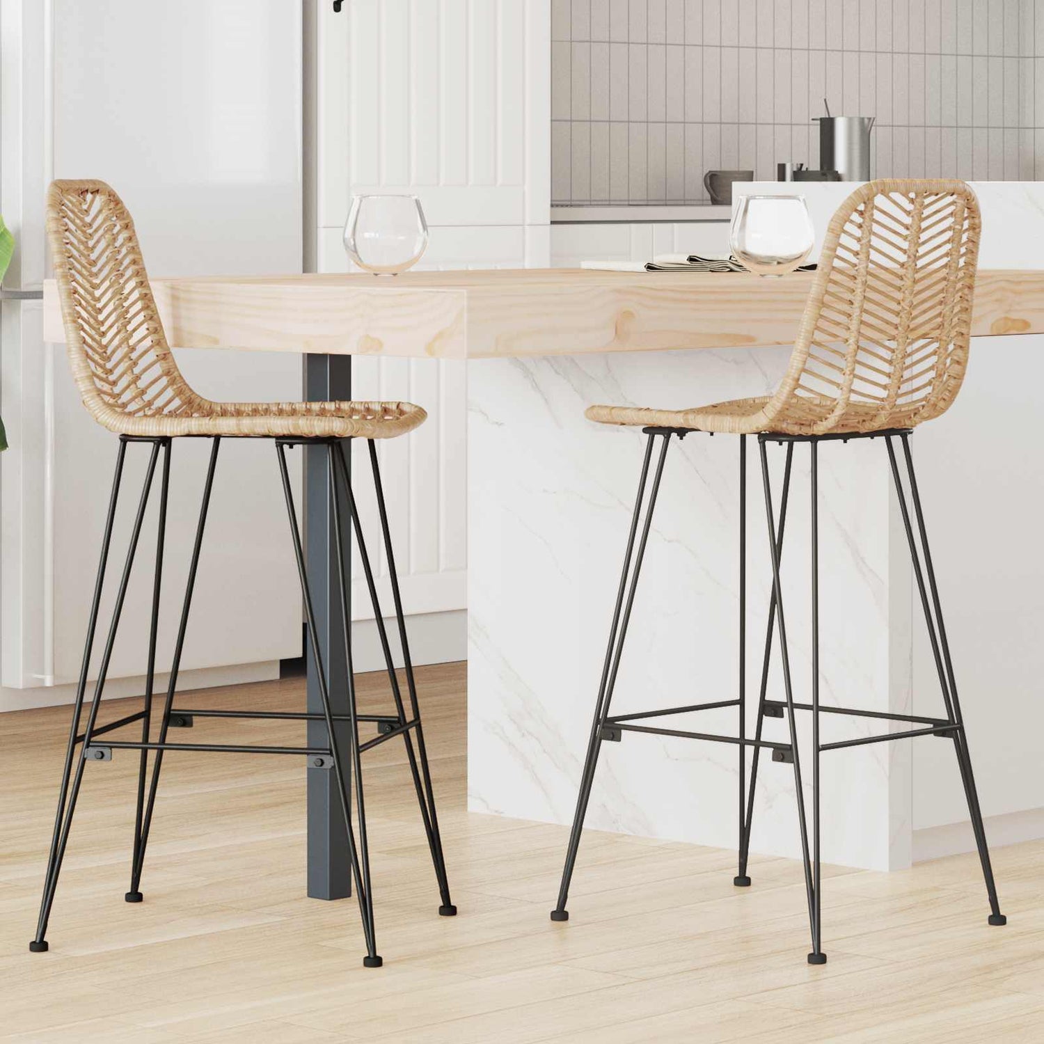 Barstol 2 Pcs Naturlig 44,5 X 53 X 111 Cm Rattan Og Jern